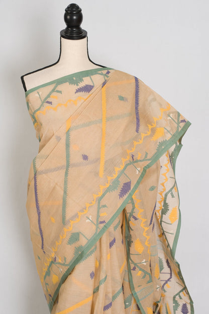Kala: Beige Bengal Handloom Cotton Jamdani Saree with Multi - Color Work - Saree Mandi