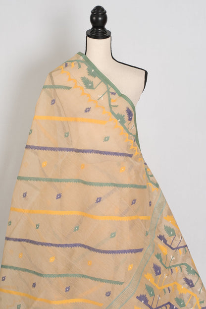Kala: Beige Bengal Handloom Cotton Jamdani Saree with Multi - Color Work - Saree Mandi