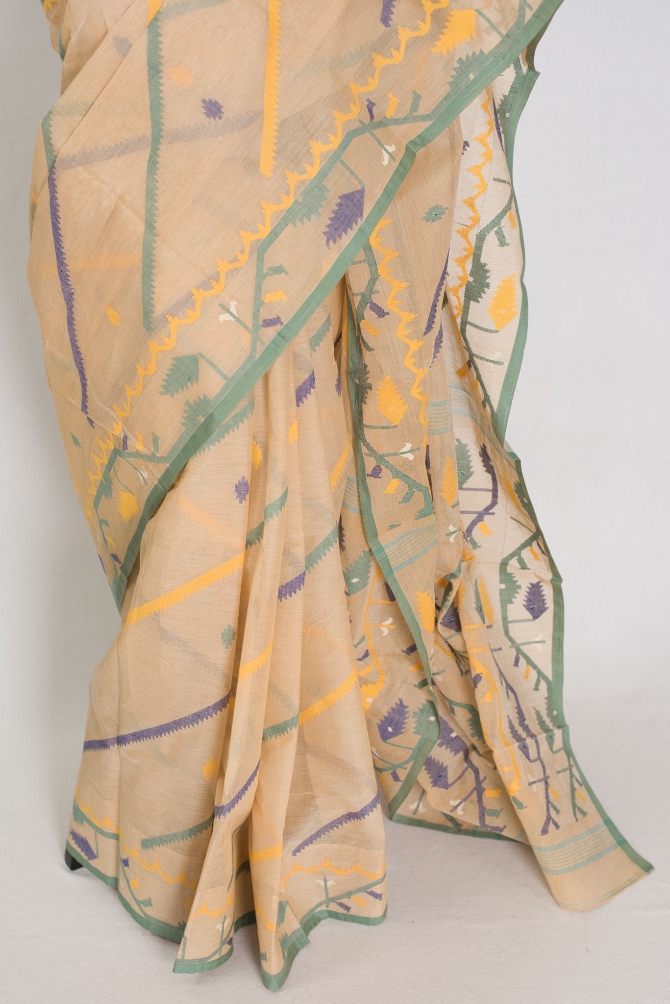 Kala: Beige Bengal Handloom Cotton Jamdani Saree with Multi - Color Work - Saree Mandi