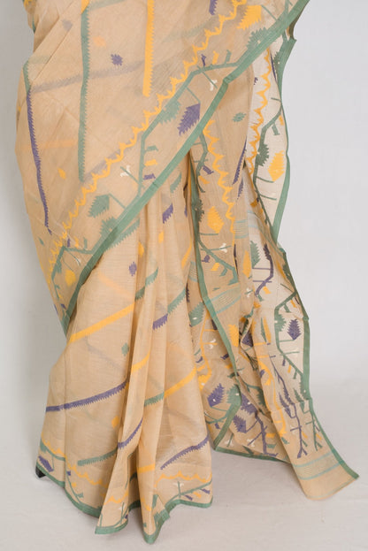 Kala: Beige Bengal Handloom Cotton Jamdani Saree with Multi - Color Work - Saree Mandi