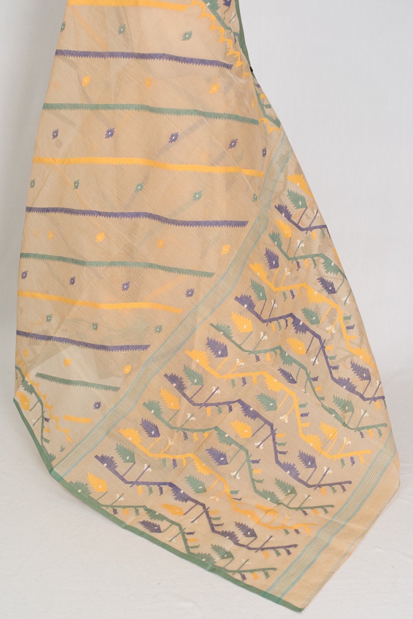 Kala: Beige Bengal Handloom Cotton Jamdani Saree with Multi - Color Work - Saree Mandi