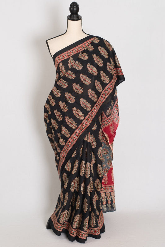 Kala: Black Mulmul Cotton Saree with Kalamkari Prints | Pure Cotton - Saree Mandi