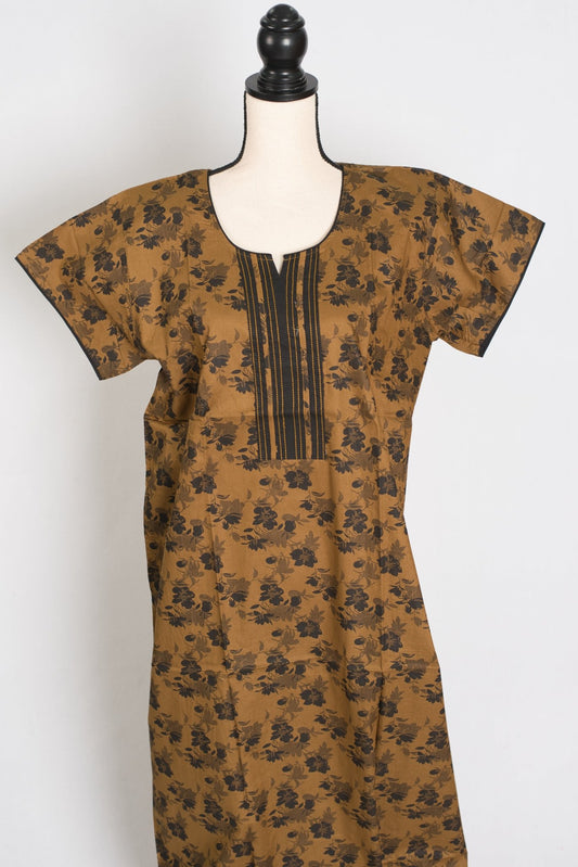 Kalamkari Printed Brown Women Indian Cotton Nighty in Regular Size — Style A (Nov) - Saree Mandi
