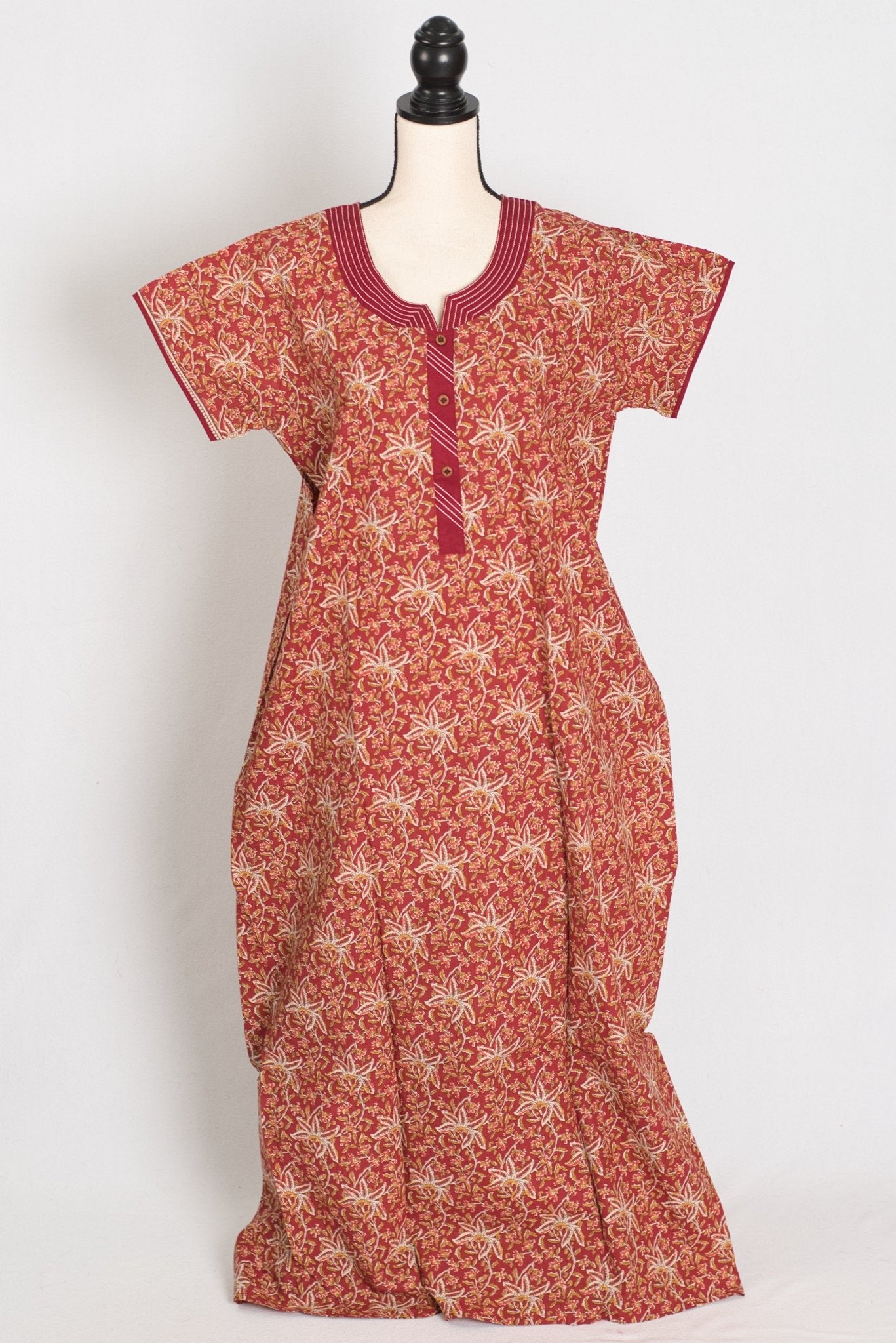 Kalamkari Printed Brown Women Indian Cotton Nighty in Regular Size — Style B (Nov) - Saree Mandi