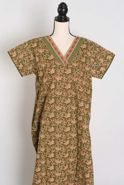 Kalamkari Printed Heena Green Women Indian Cotton Nighty in Regular Size - Saree Mandi