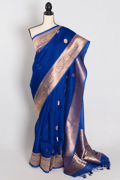 Kalpana : Royal Blue and Gold Chand Sitara Kora Organza Banarasi Saree - Saree Mandi