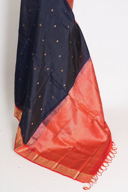 Kalyani: Midnight Blue and Peach Traditional Kanjivaram Silk Saree - Saree Mandi