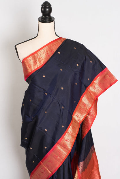 Kalyani: Midnight Blue and Peach Traditional Kanjivaram Silk Saree - Saree Mandi