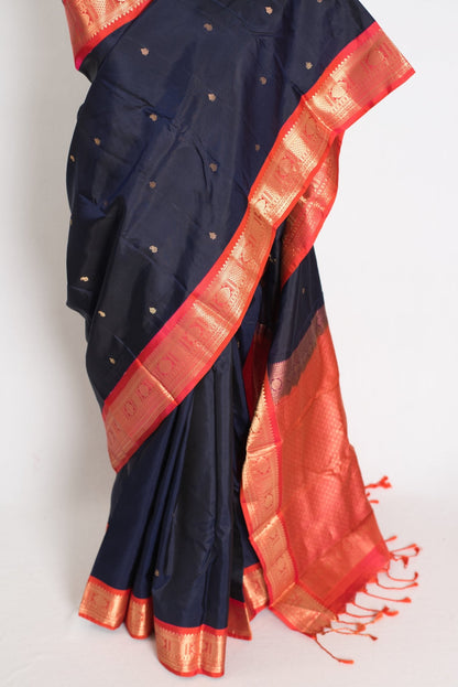 Kalyani: Midnight Blue and Peach Traditional Kanjivaram Silk Saree - Saree Mandi