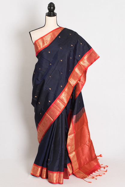 Kalyani: Midnight Blue and Peach Traditional Kanjivaram Silk Saree - Saree Mandi