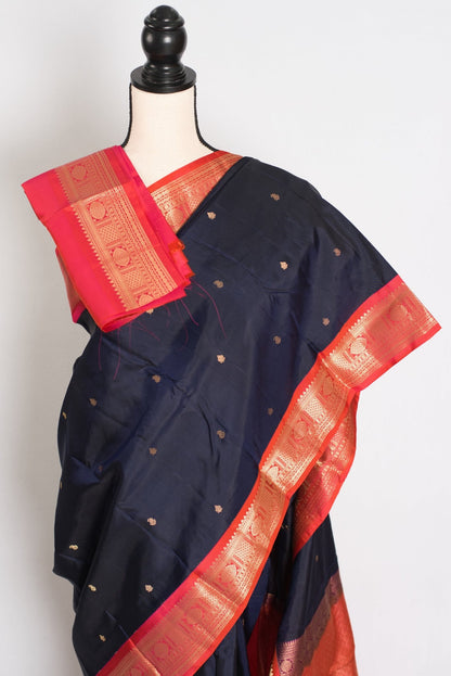 Kalyani: Midnight Blue and Peach Traditional Kanjivaram Silk Saree - Saree Mandi