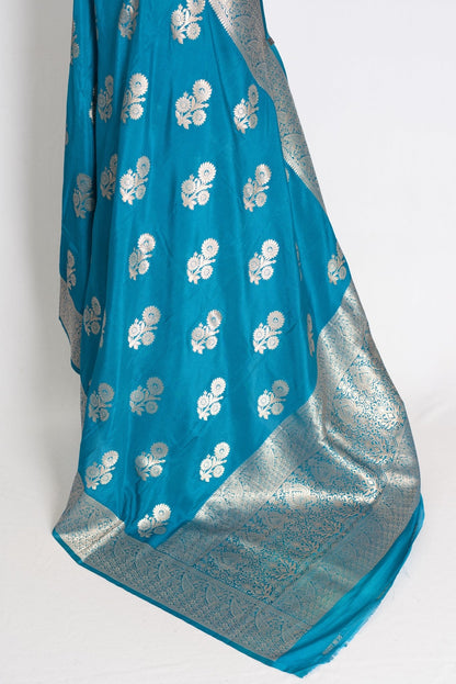 Kalyani : Turquoise Blue Semi Crepe Banarasi Saree with Silver Zari - Saree Mandi