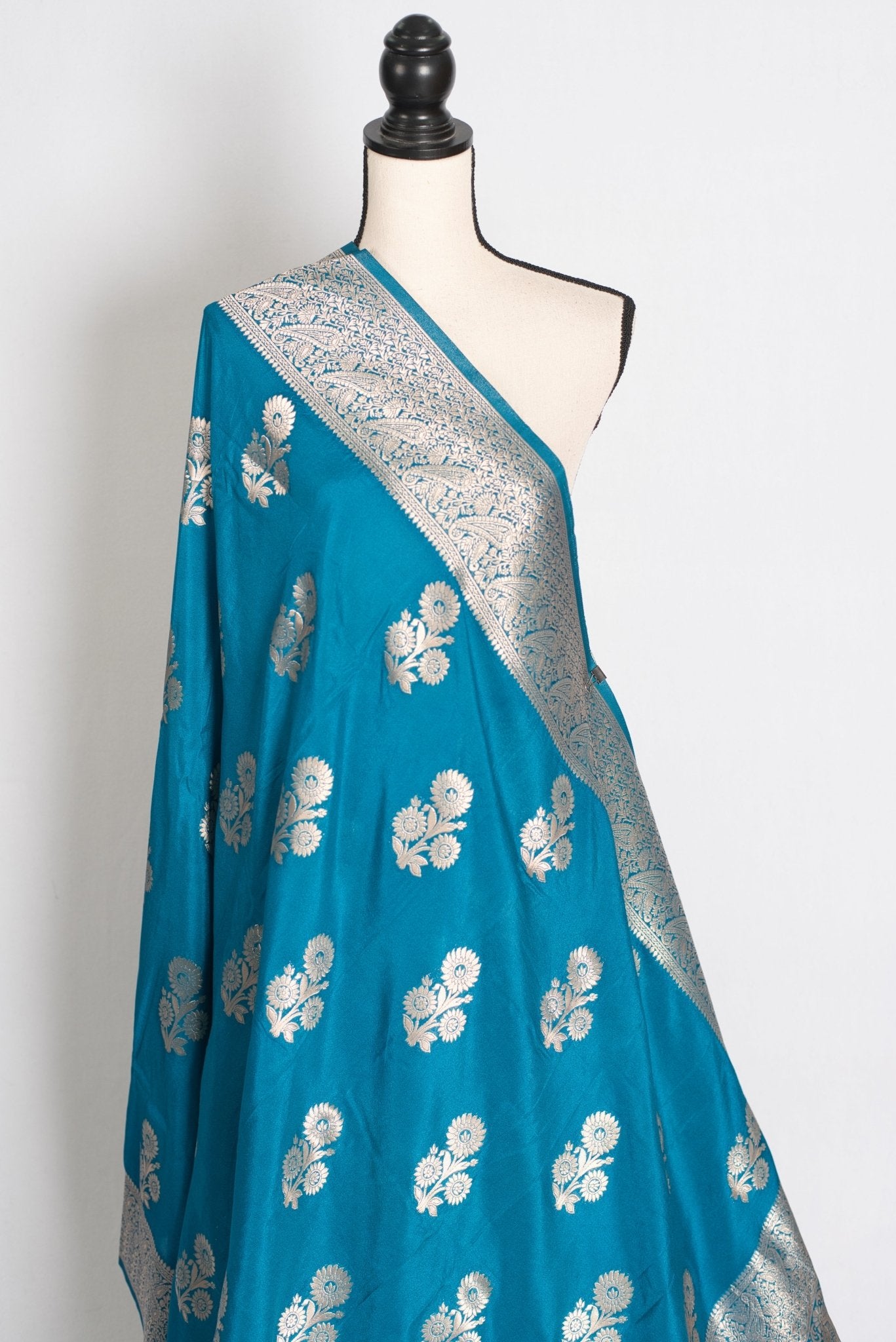 Kalyani : Turquoise Blue Semi Crepe Banarasi Saree with Silver Zari - Saree Mandi