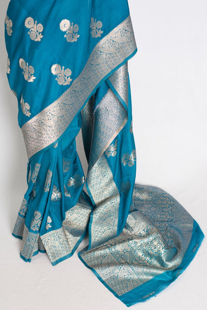 Kalyani : Turquoise Blue Semi Crepe Banarasi Saree with Silver Zari - Saree Mandi