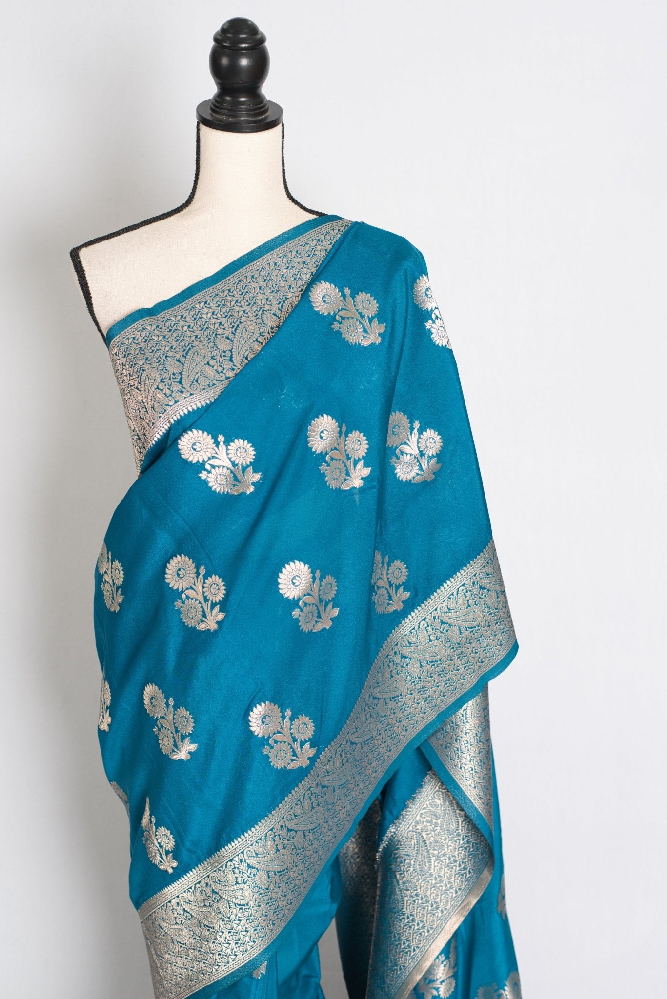 Kalyani : Turquoise Blue Semi Crepe Banarasi Saree with Silver Zari - Saree Mandi