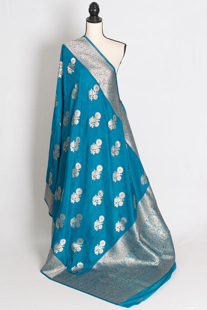Kalyani : Turquoise Blue Semi Crepe Banarasi Saree with Silver Zari - Saree Mandi