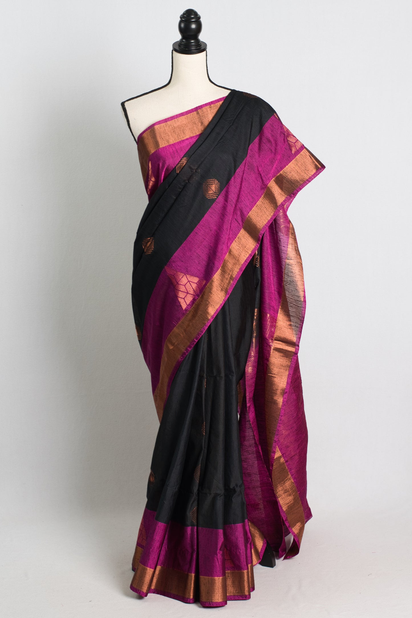 Dupion Silk Black Kanchipuram Saree with Antique Zari Border.