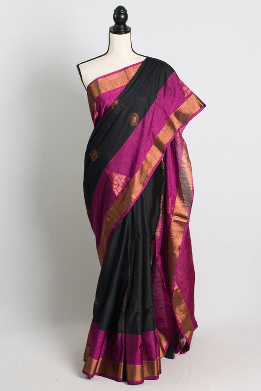 Dupion Silk Black Kanchipuram Saree with Antique Zari Border.