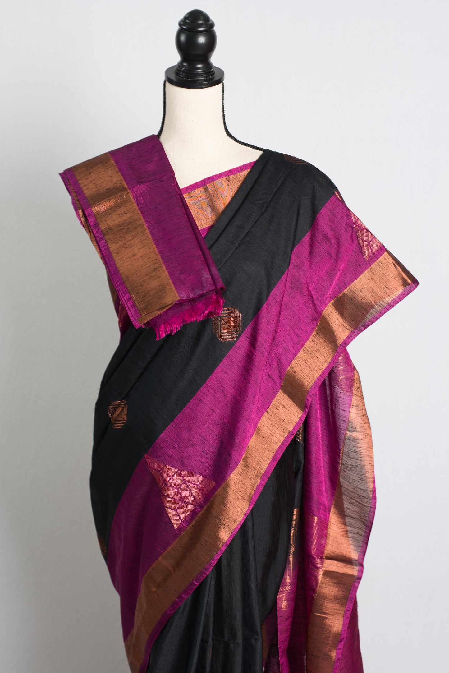 Dupion Silk Black Kanchipuram Saree with Antique Zari Border.