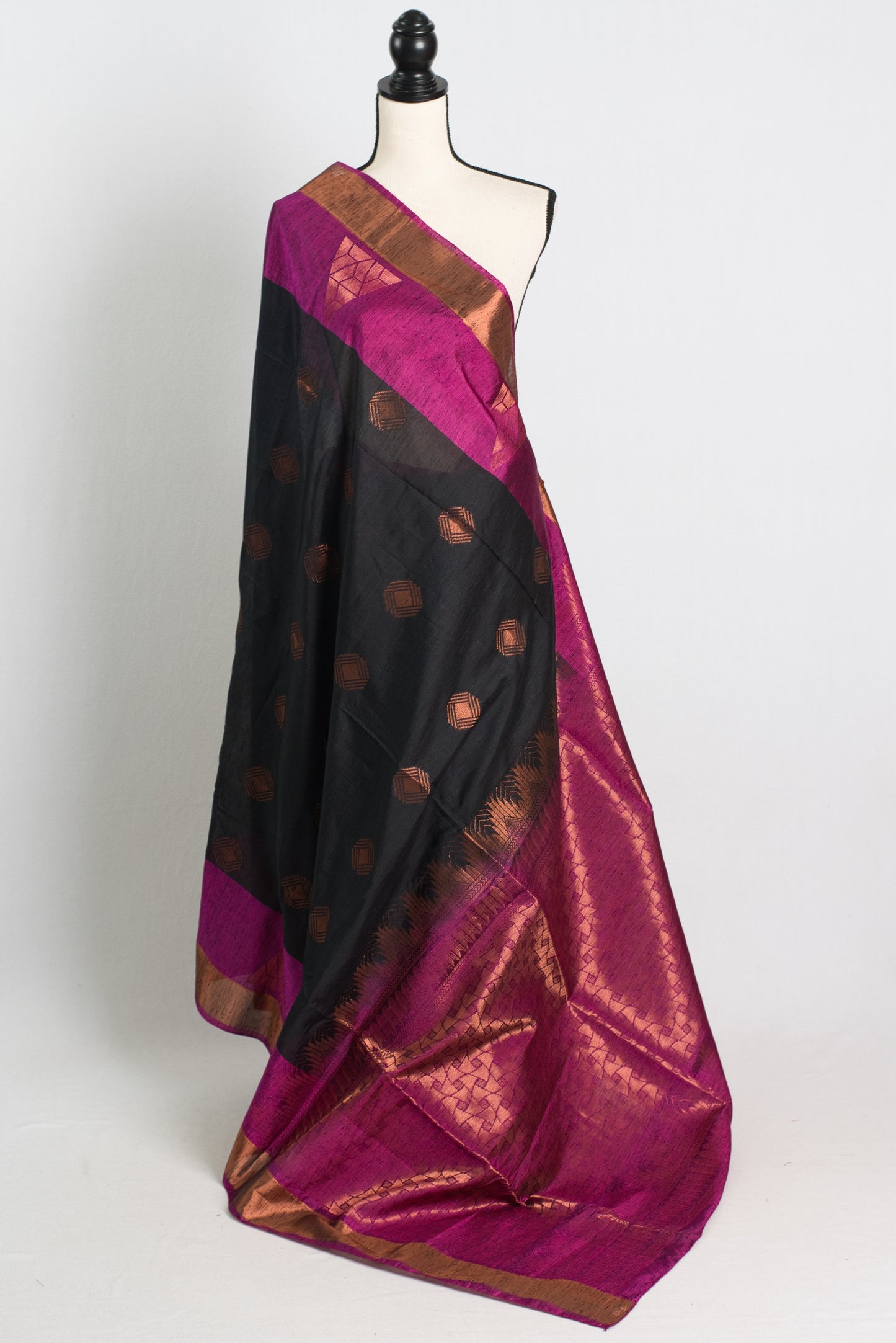 Dupion Silk Black Kanchipuram Saree with Antique Zari Border.