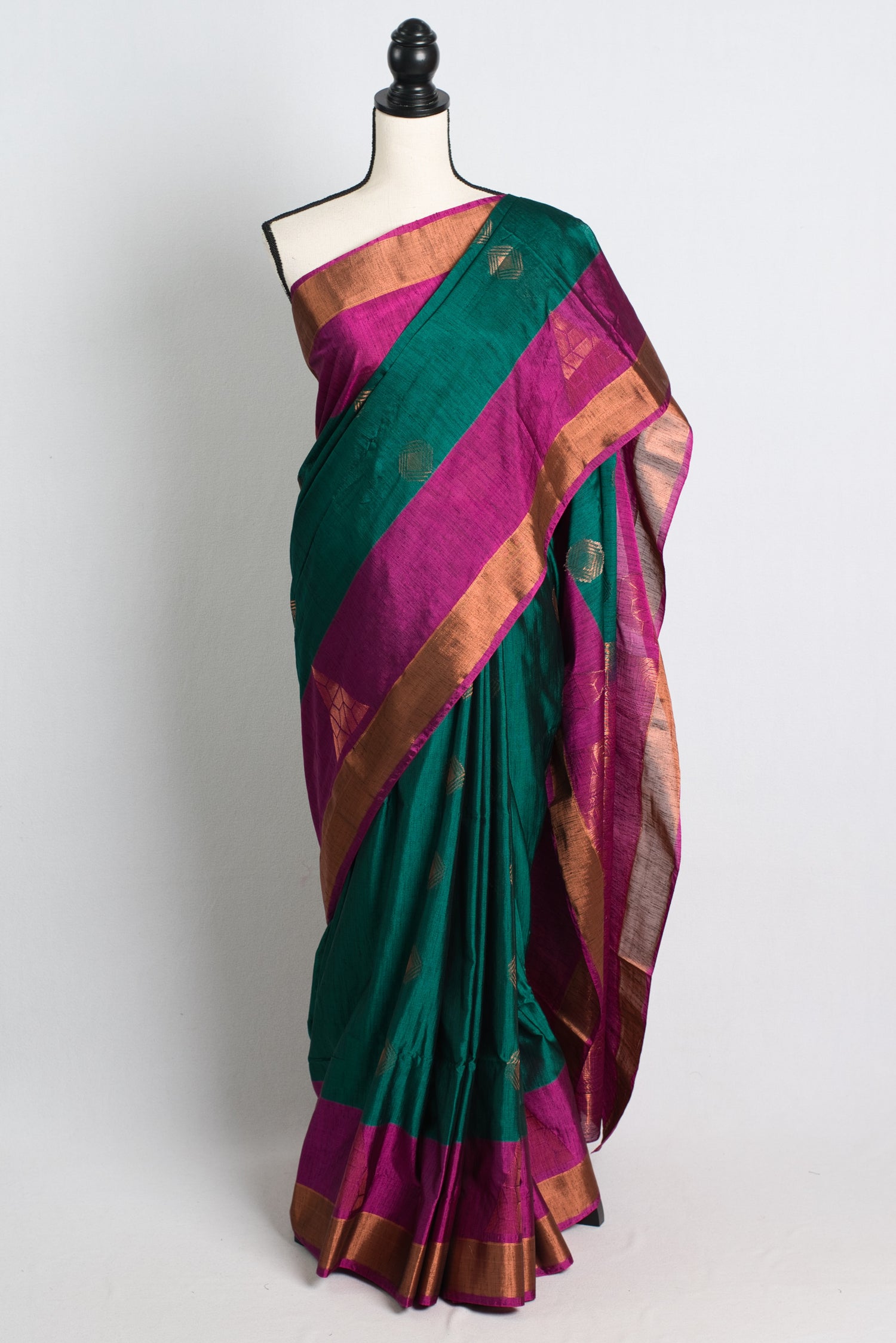 Dupion Silk Kanchipuram Saree in Forest Green and Magenta.