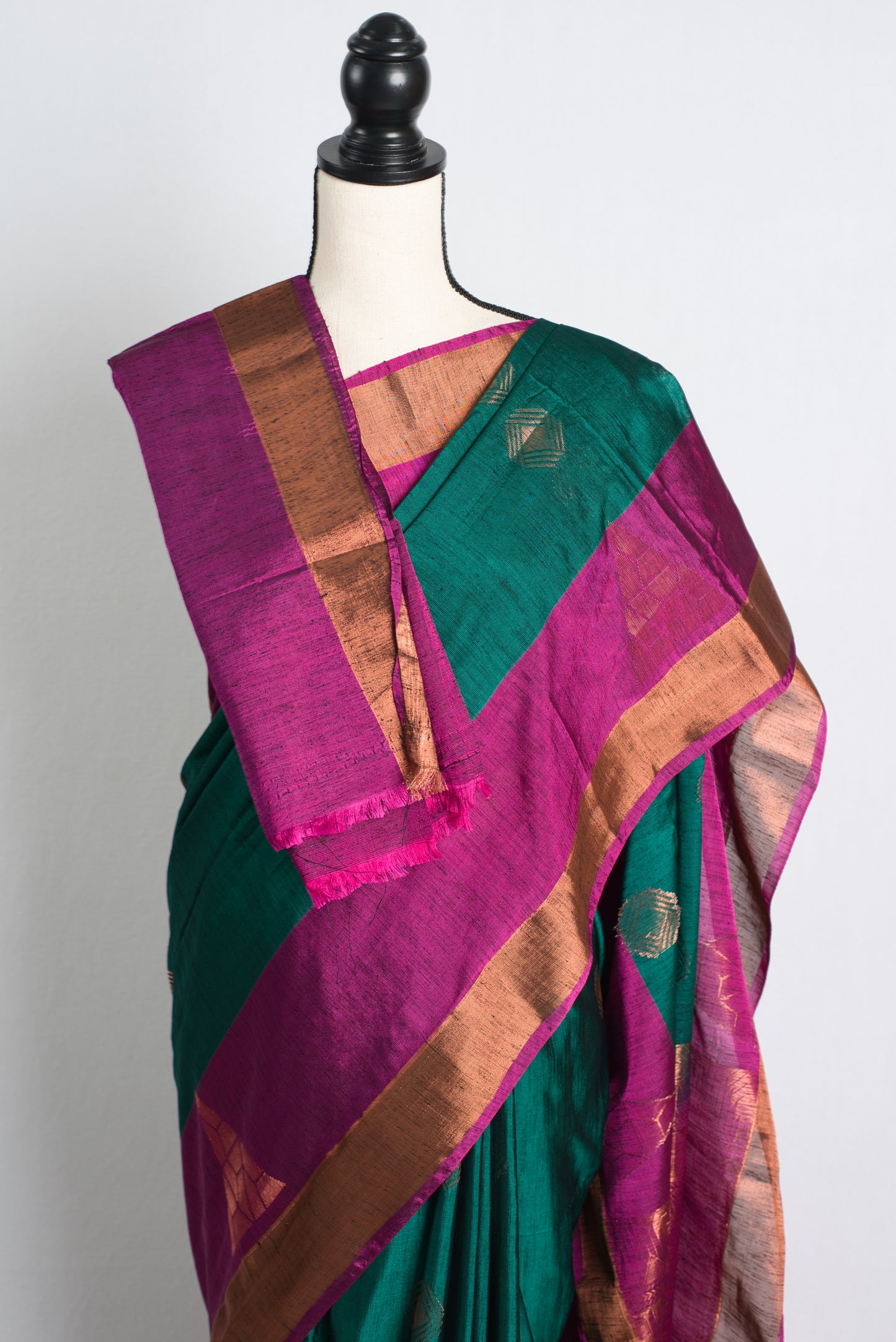 Dupion Silk Kanchipuram Saree in Forest Green and Magenta.