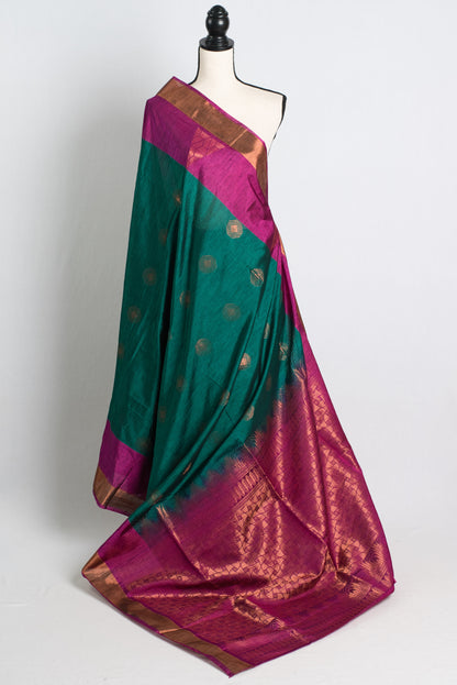 Dupion Silk Kanchipuram Saree in Forest Green and Magenta.