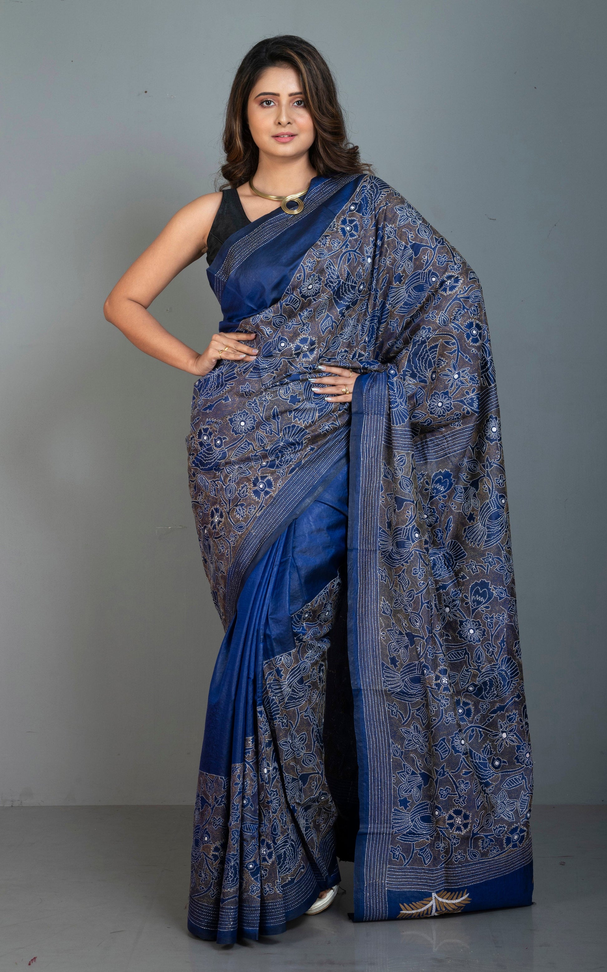 Hand Embroidery Reverse Nakshi Work Kantha Stitch Pure Silk Saree in Prussian Blue.