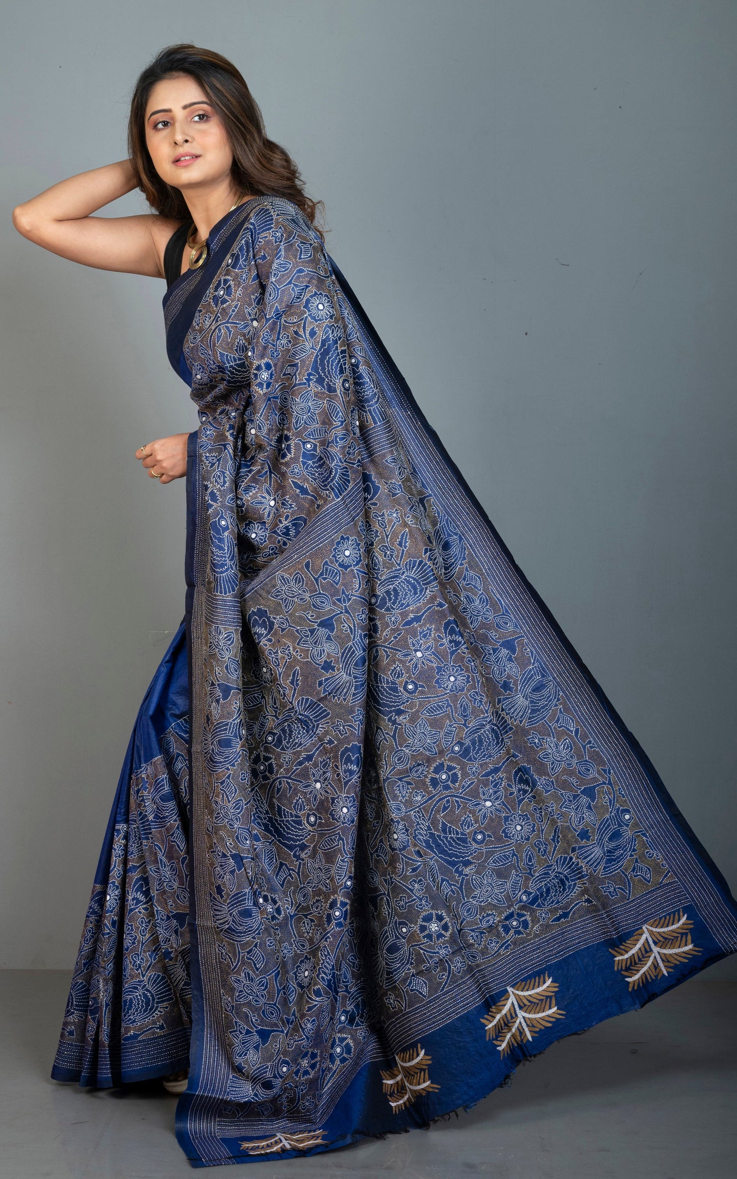 Hand Embroidery Reverse Nakshi Work Kantha Stitch Pure Silk Saree in Prussian Blue.