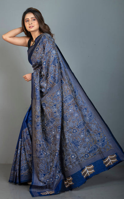 Hand Embroidery Reverse Nakshi Work Kantha Stitch Pure Silk Saree in Prussian Blue.