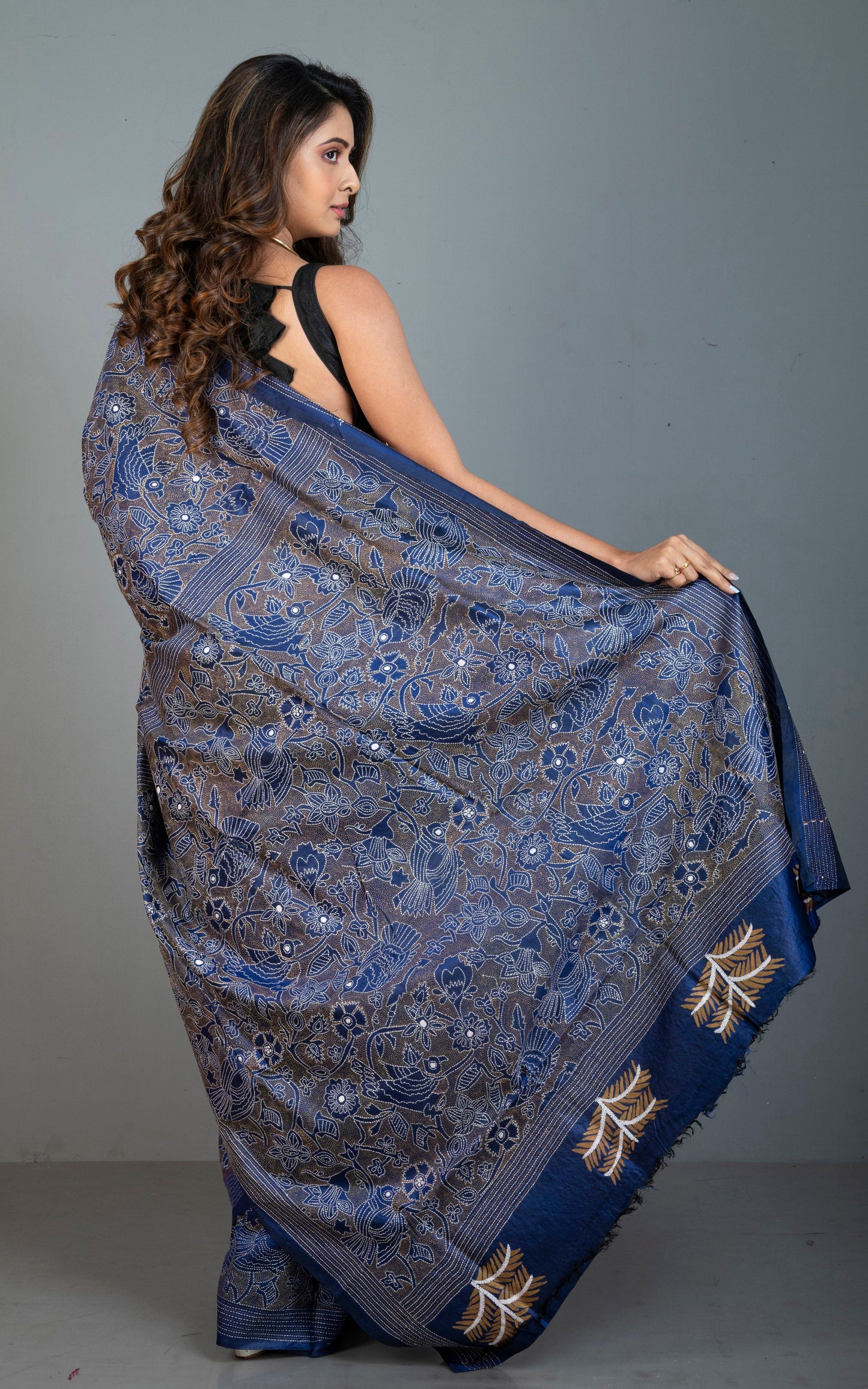 Hand Embroidery Reverse Nakshi Work Kantha Stitch Pure Silk Saree in Prussian Blue.