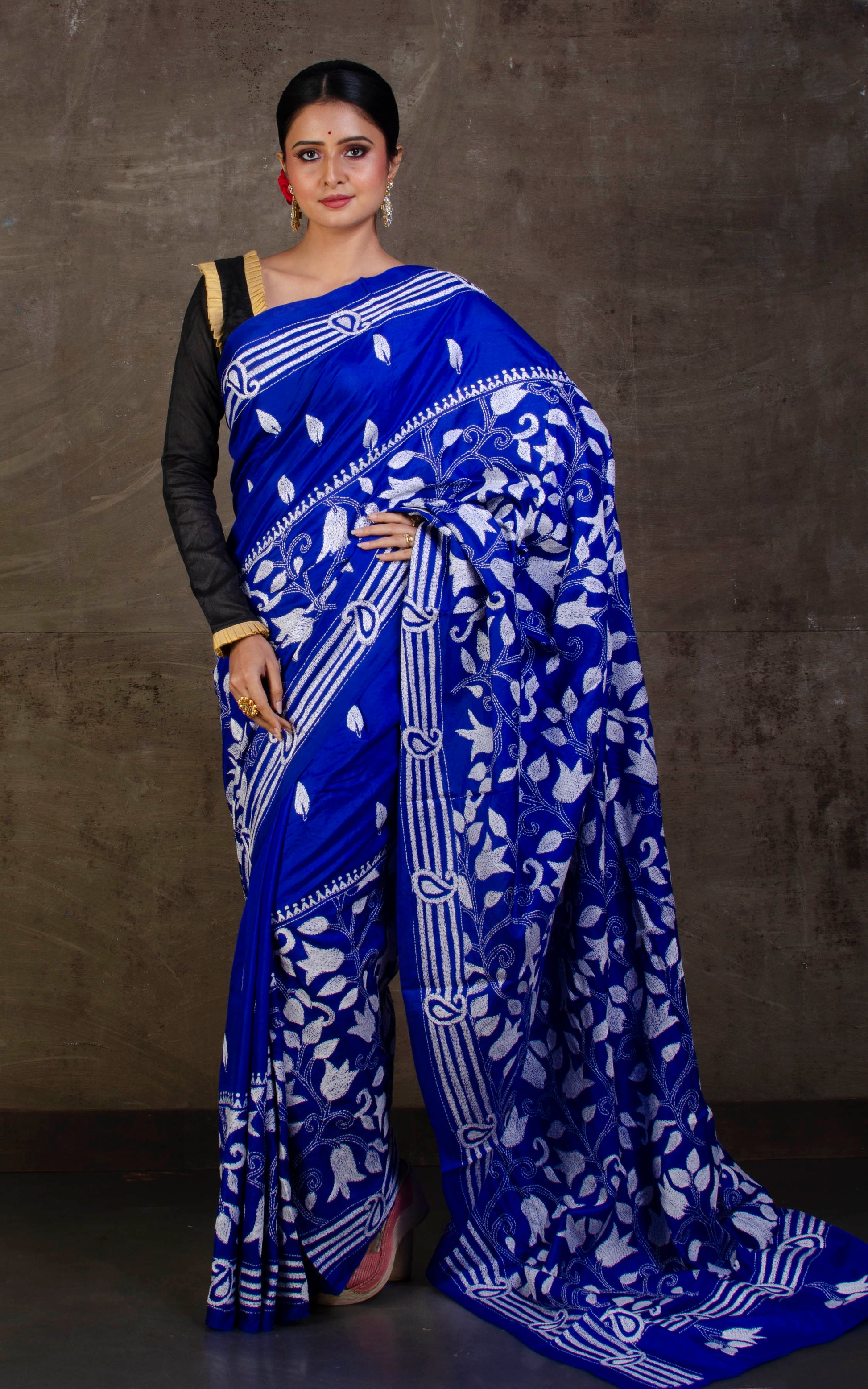 Pure Silk Hand Embroidery Kantha Stitch Saree in Royal Blue and White.