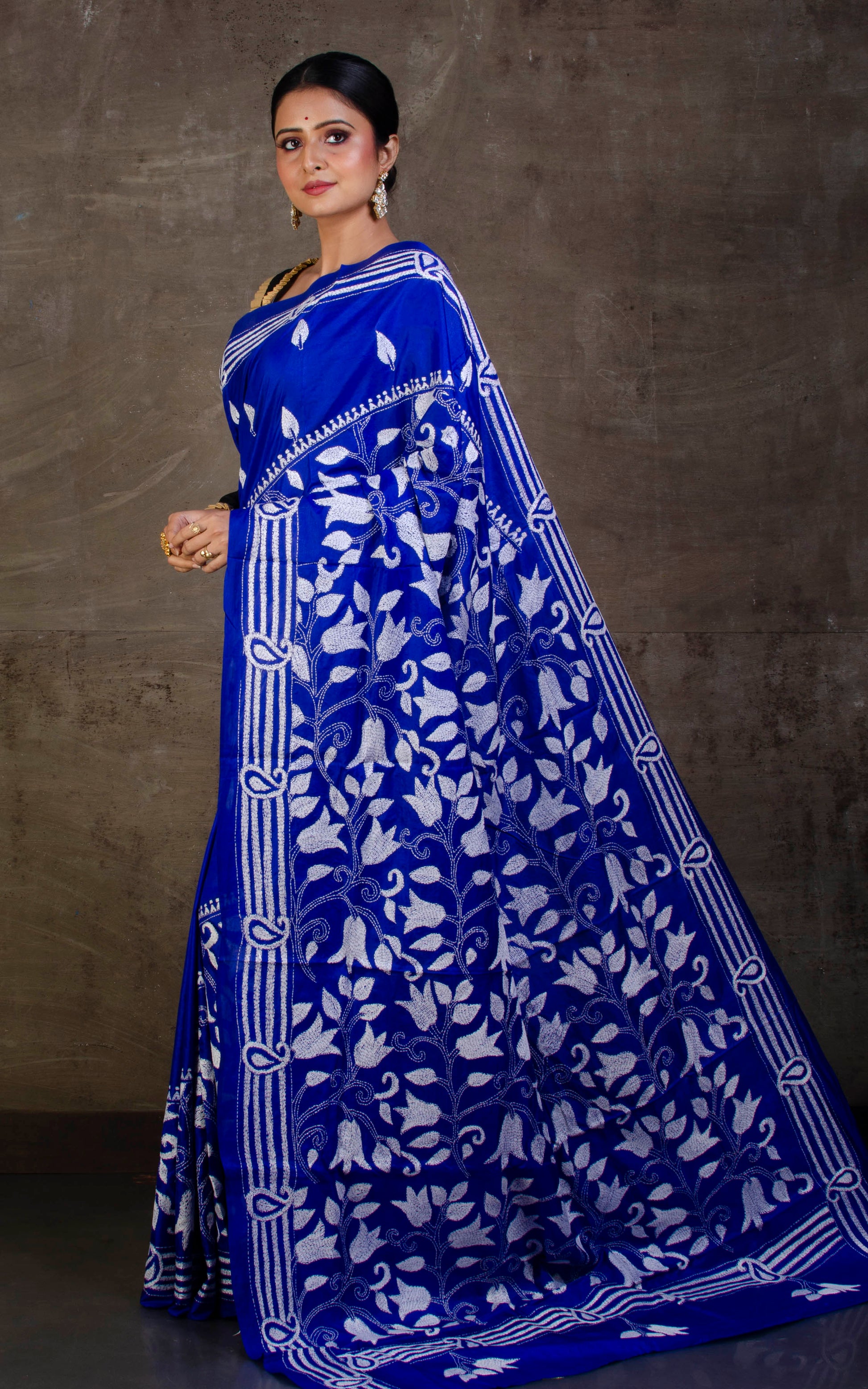 Pure Silk Hand Embroidery Kantha Stitch Saree in Royal Blue and White.