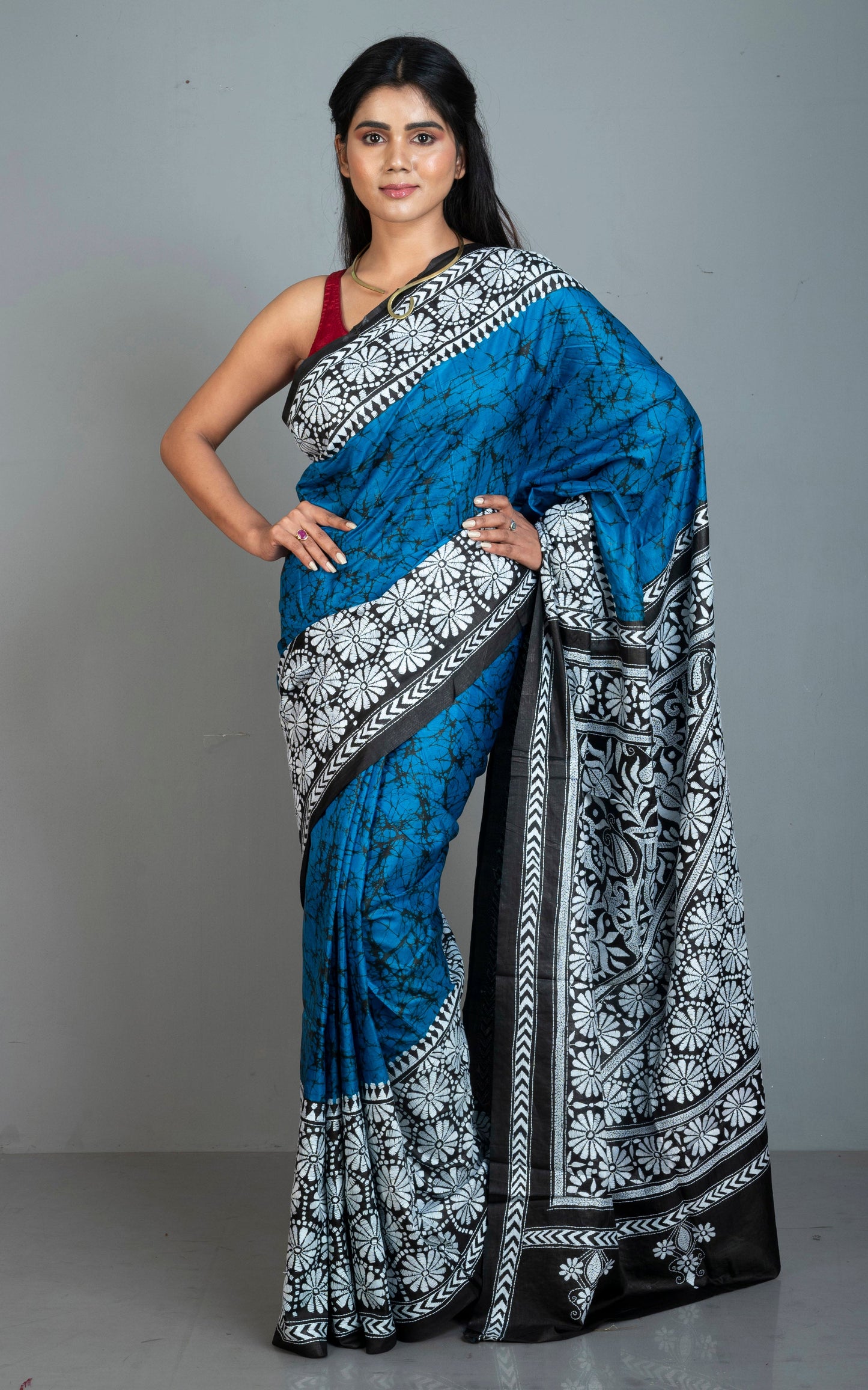 Pure Silk Hand Embroidery Hand Batik Kantha Stitch Saree in Sapphire Blue.