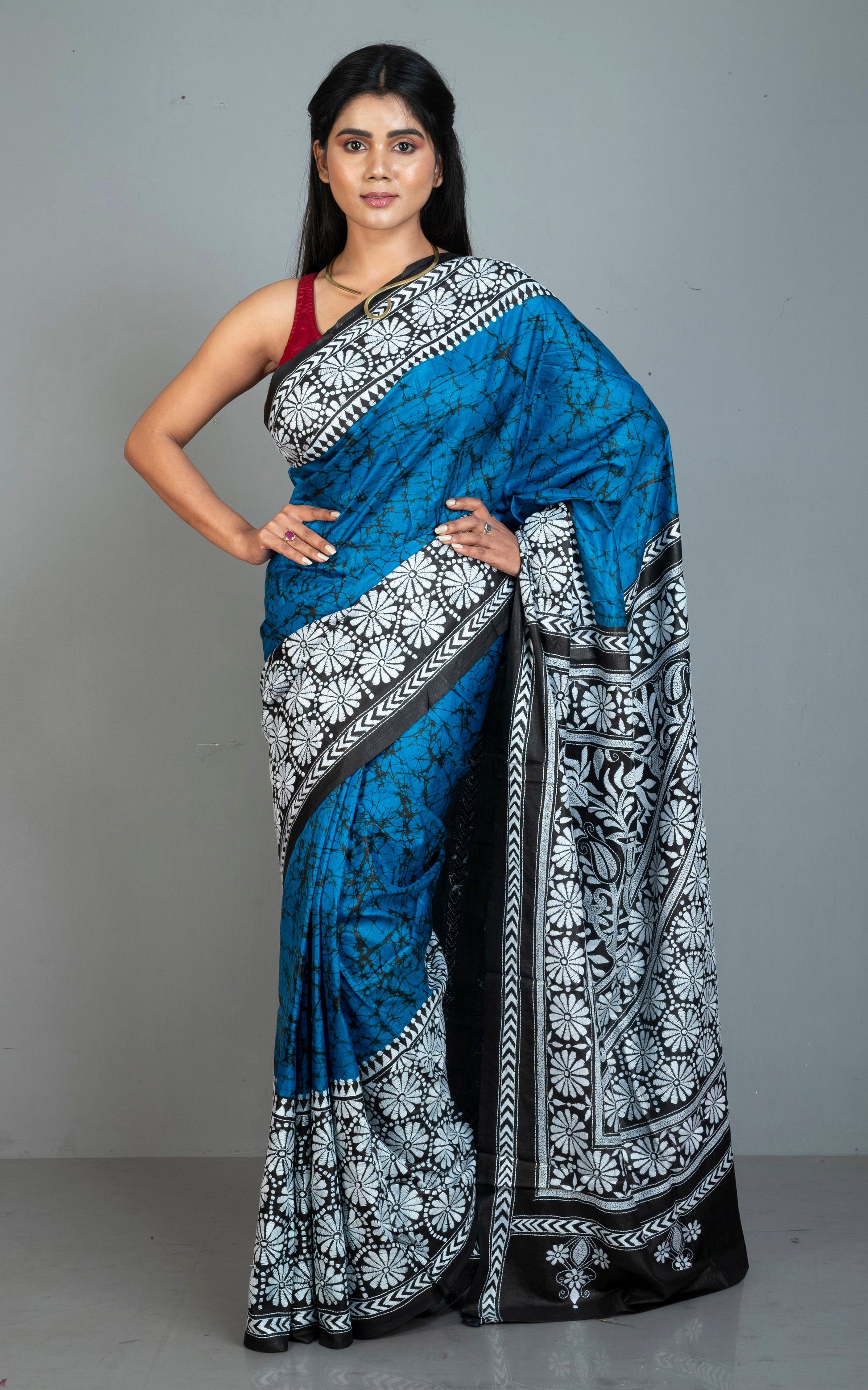 Pure Silk Hand Embroidery Hand Batik Kantha Stitch Saree in Sapphire Blue.