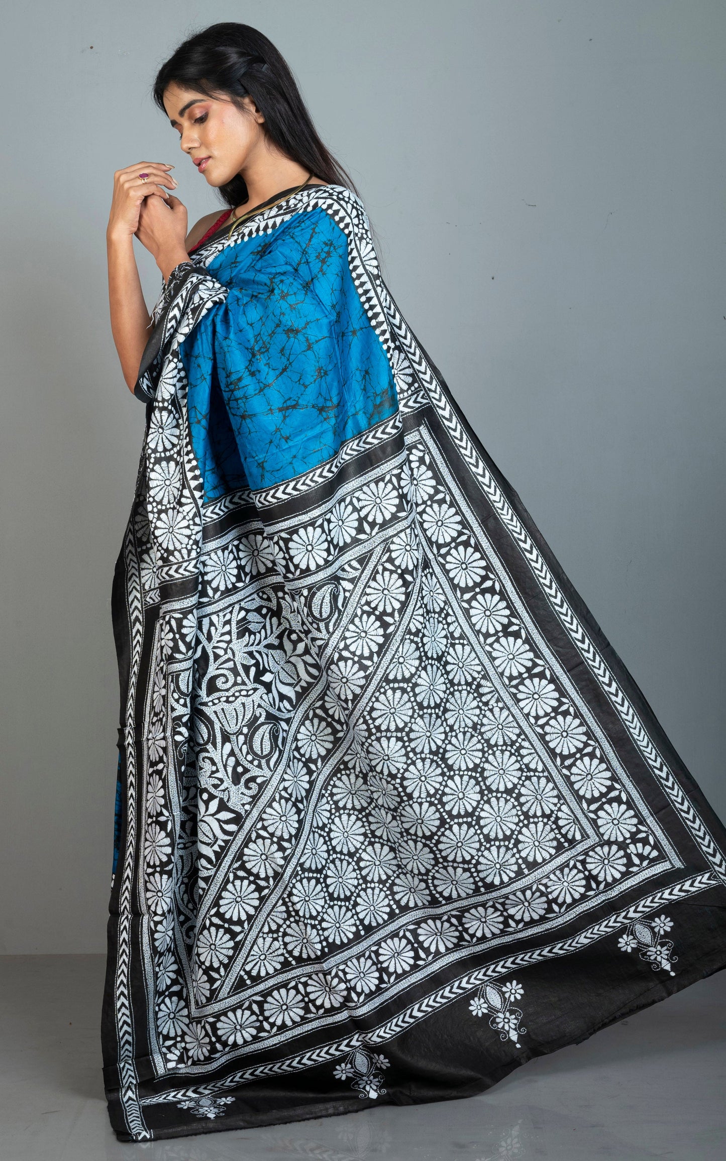 Pure Silk Hand Embroidery Hand Batik Kantha Stitch Saree in Sapphire Blue.