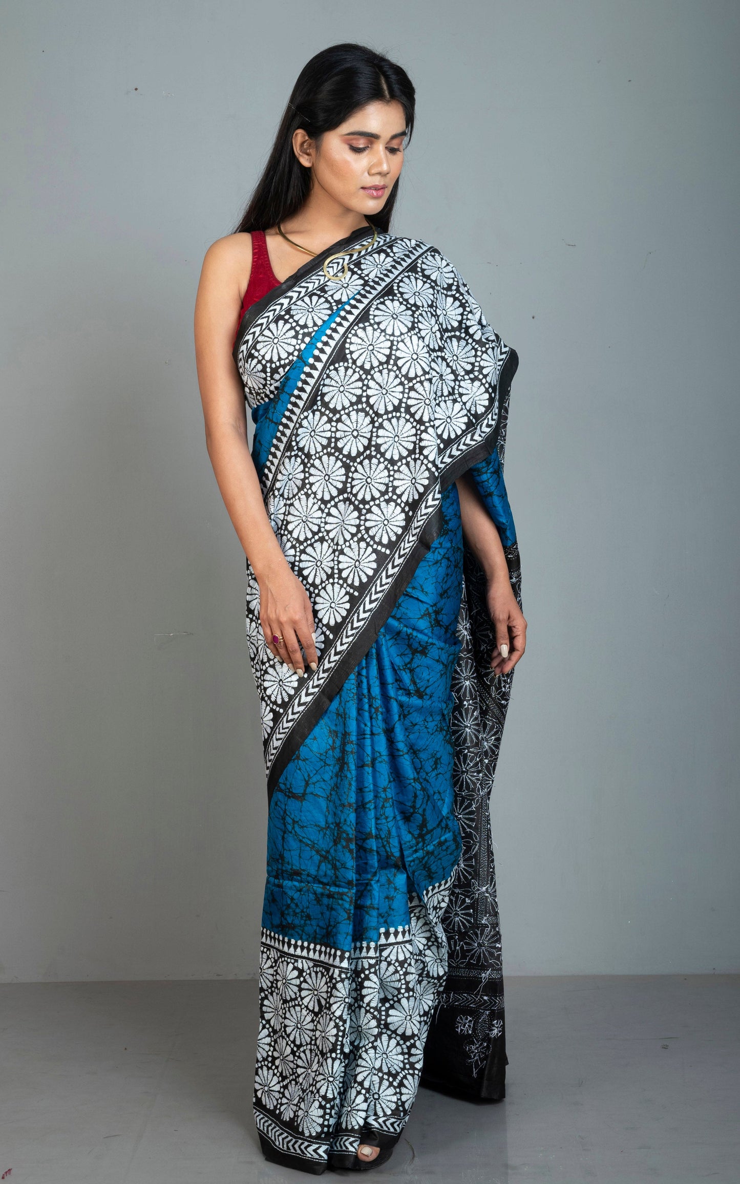 Pure Silk Hand Embroidery Hand Batik Kantha Stitch Saree in Sapphire Blue.