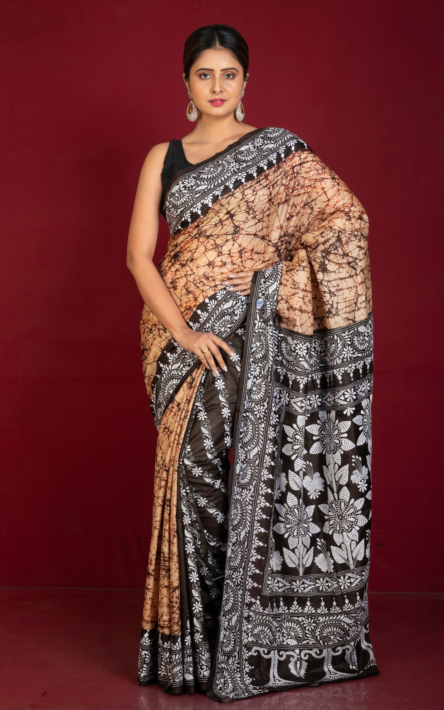 Pure Silk Hand Embroidery Hand Batik Kantha Stitch Saree in Parmesan Brown.