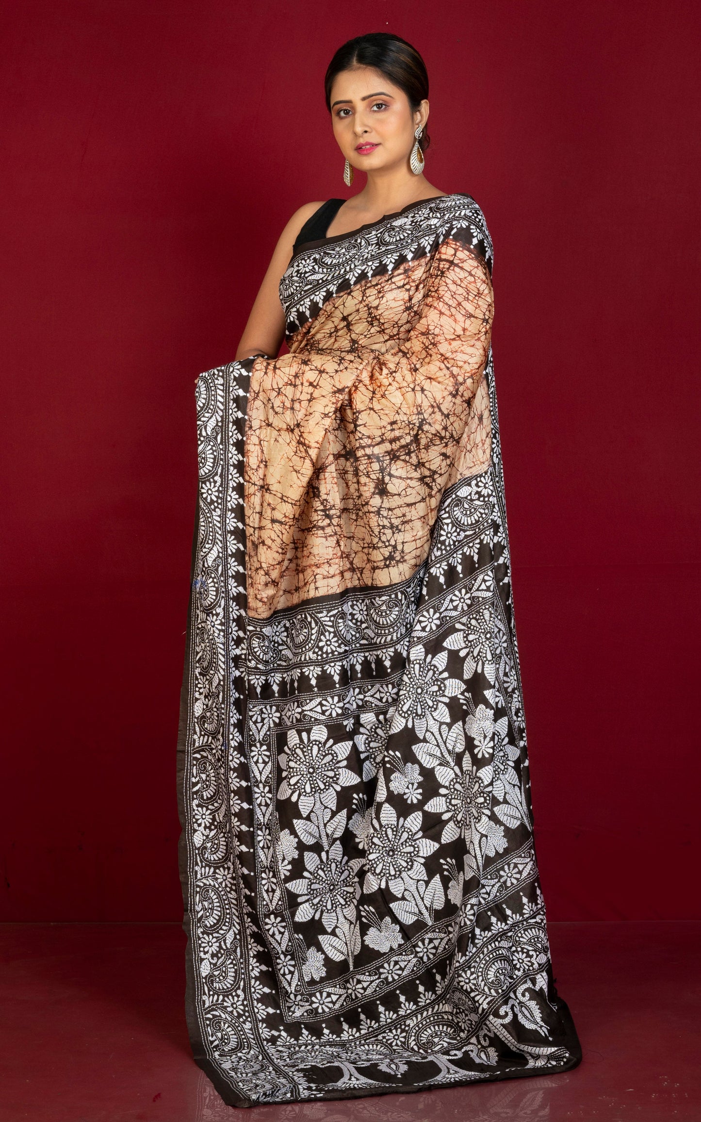 Pure Silk Hand Embroidery Hand Batik Kantha Stitch Saree in Parmesan Brown.