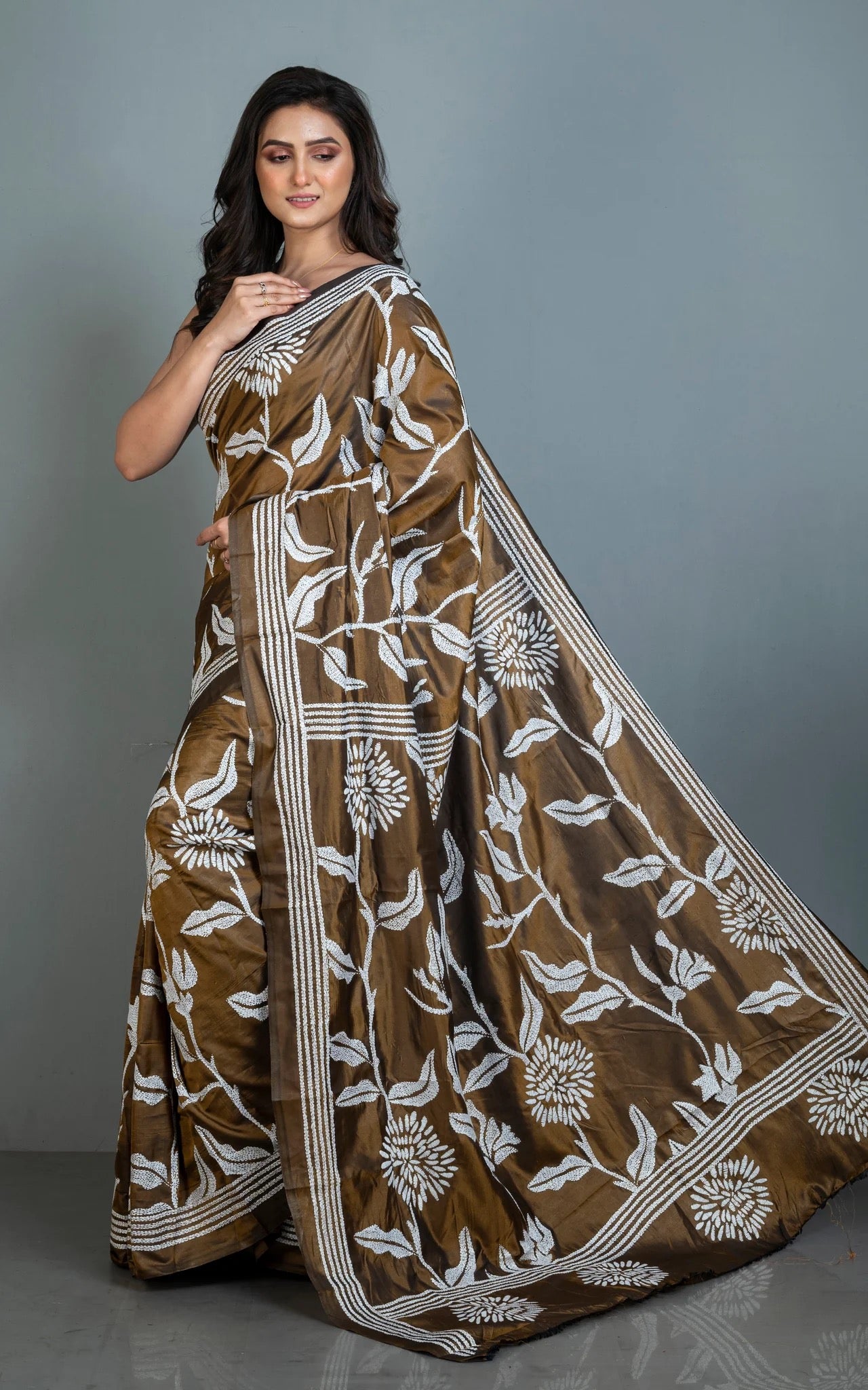 Blended Silk Hand Embroidery Saree in Snuff Brown and Off White Thread Work.