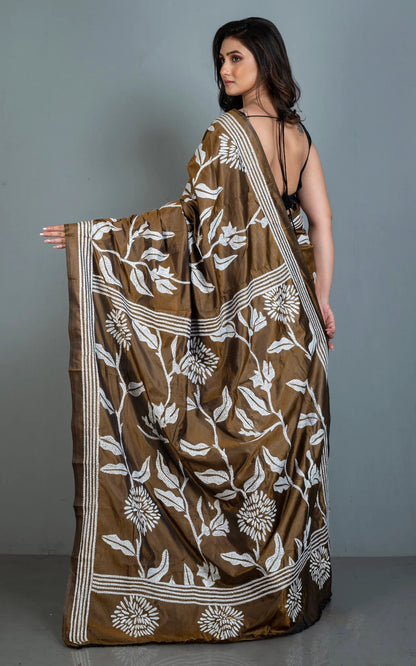 Blended Silk Hand Embroidery Saree in Snuff Brown and Off White Thread Work.