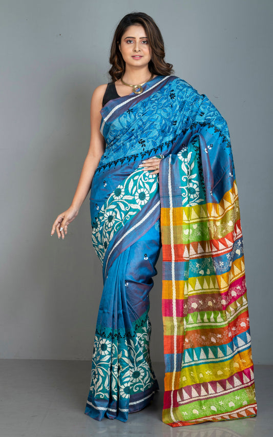 Nakshi Kantha Stitch Work Pure Silk Saree in Blue, Cyan, Off White, Black and Multicolored.