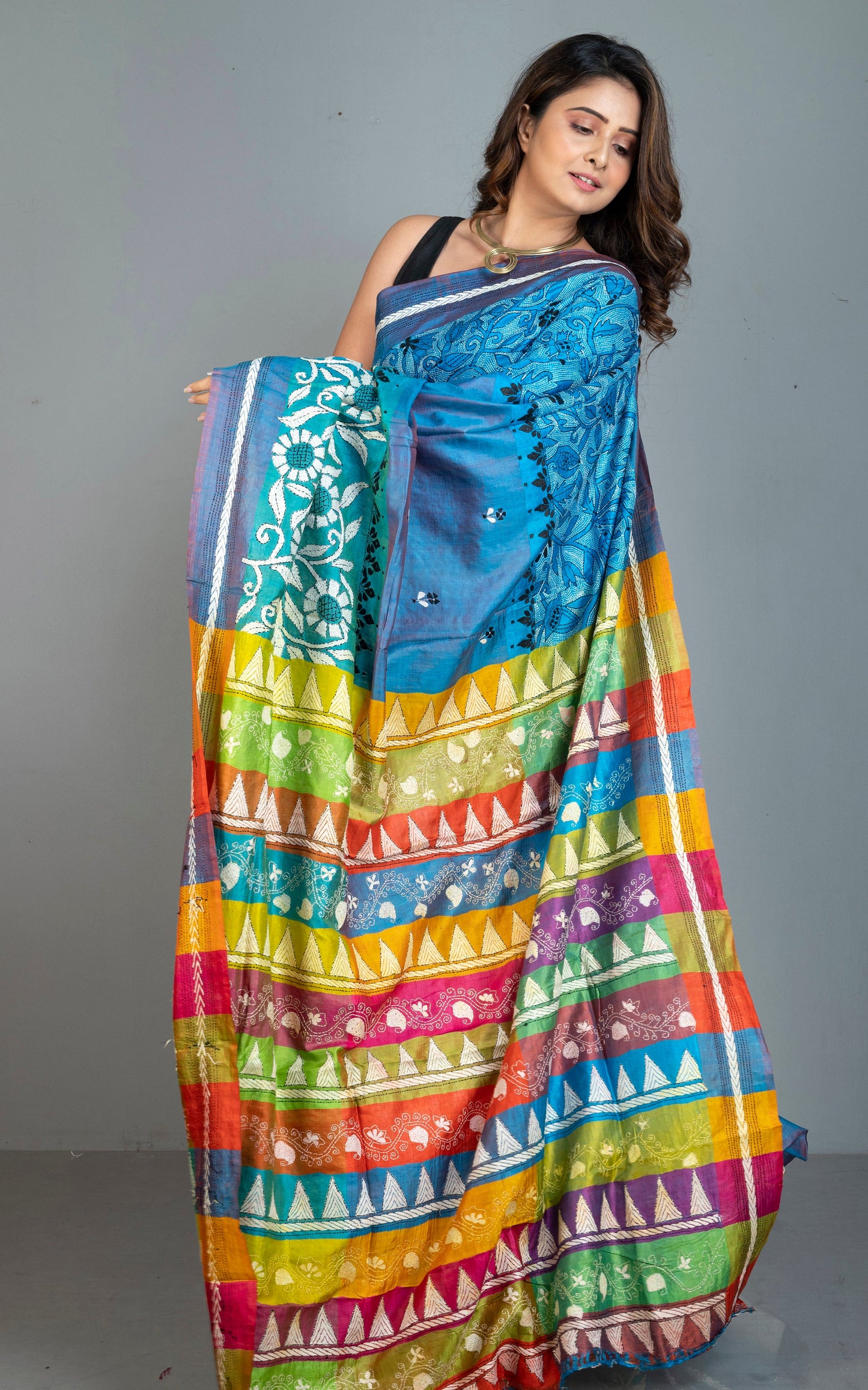 Nakshi Kantha Stitch Work Pure Silk Saree in Blue, Cyan, Off White, Black and Multicolored.