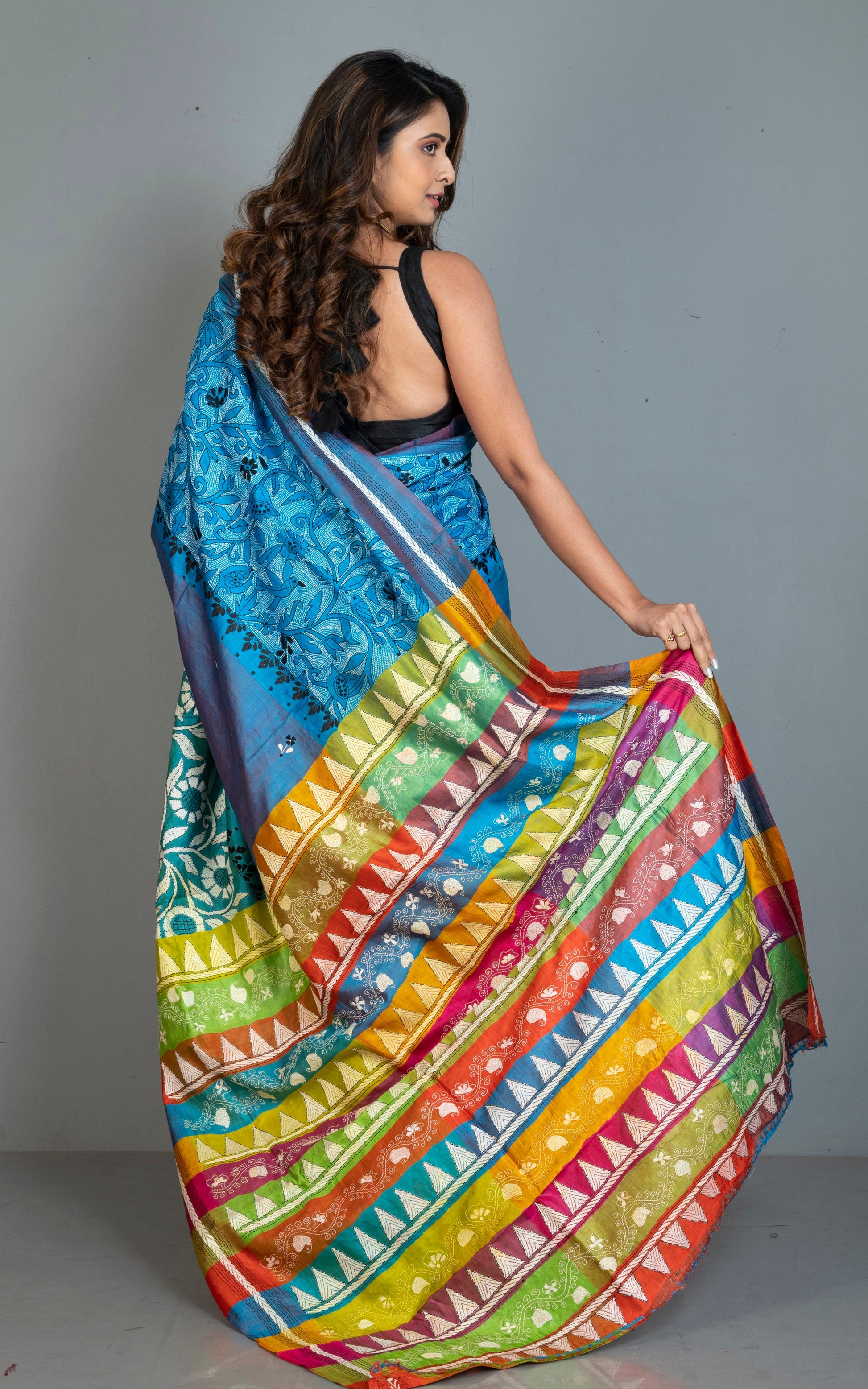 Nakshi Kantha Stitch Work Pure Silk Saree in Blue, Cyan, Off White, Black and Multicolored.