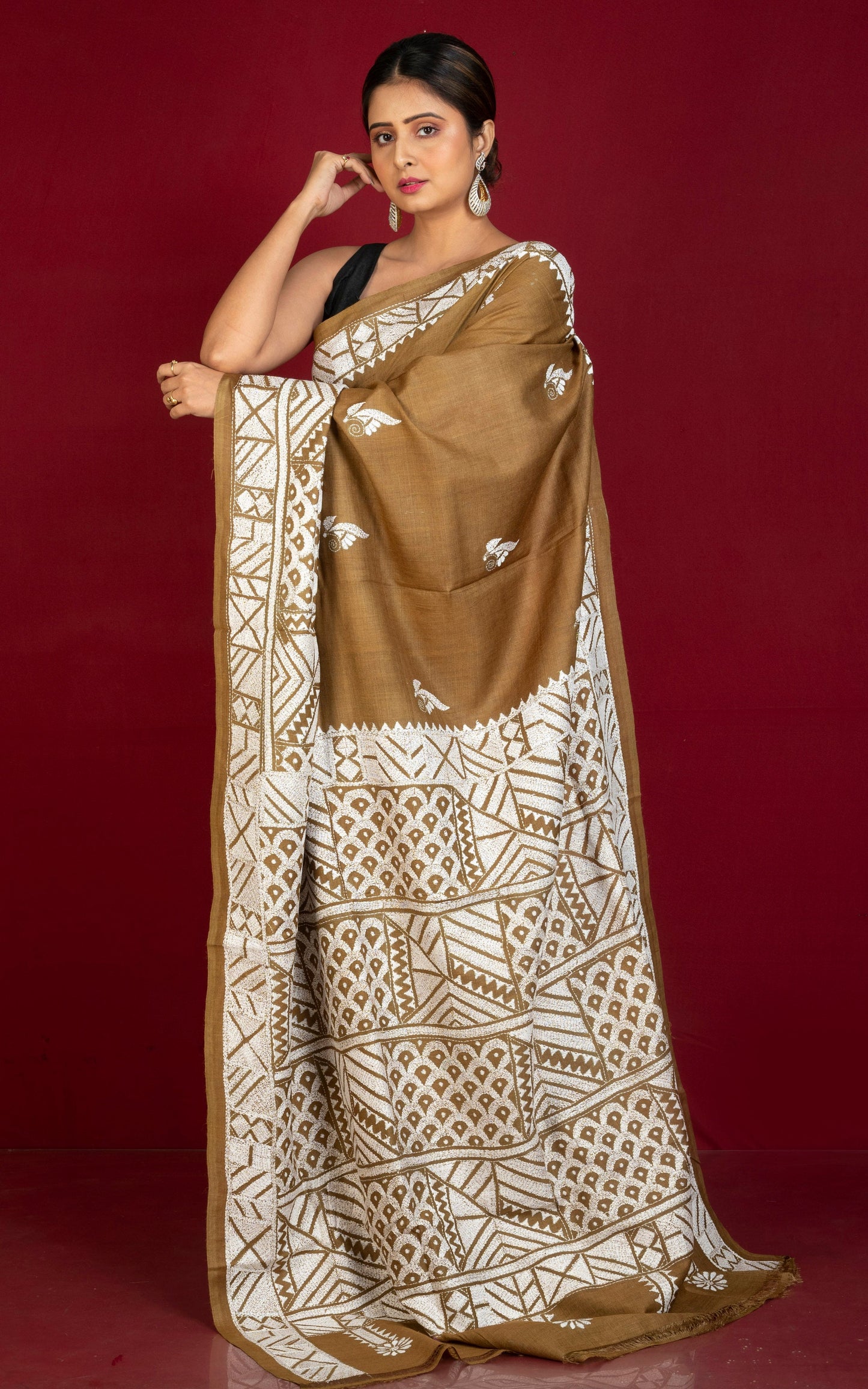 Premium Quality Hand Embroidery Kantha Work on Pure Gachi Tussar Saree in Coffee Brown and Off White