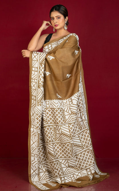 Premium Quality Hand Embroidery Kantha Work on Pure Gachi Tussar Saree in Coffee Brown and Off White