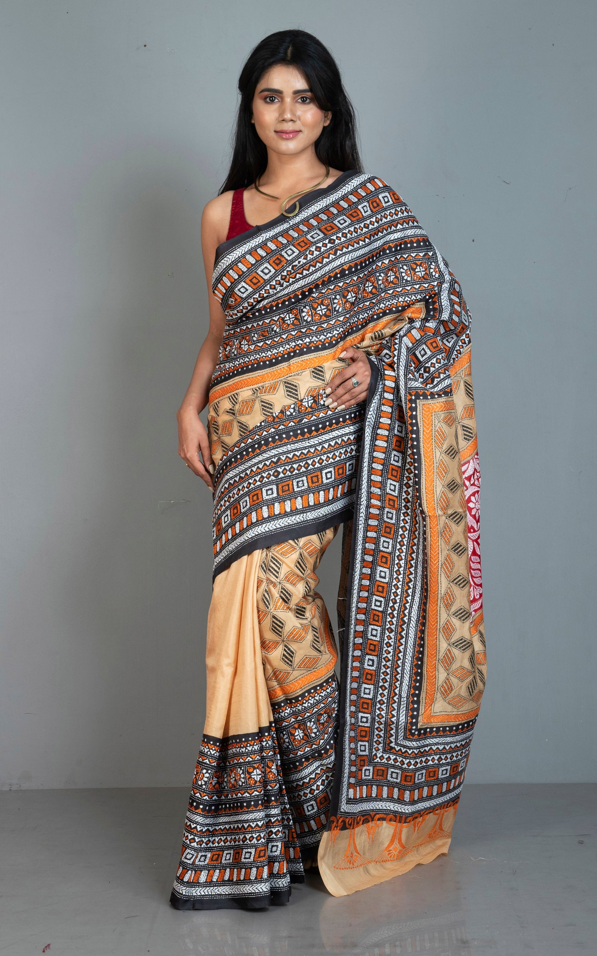 Tie-Dye Pure Silk Hand Embroidery Kantha Stitch Saree in Parmesan, Black, Red and Multicolored Thread Work