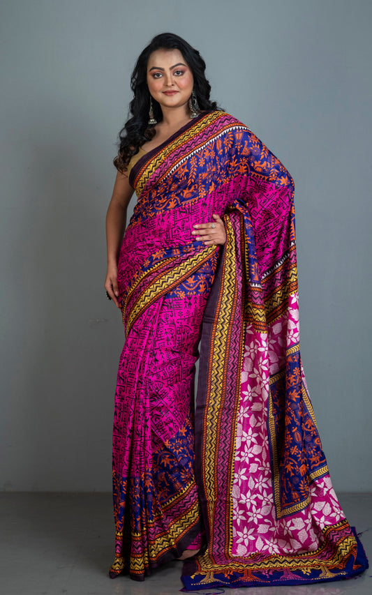 Tie-Dye Pure Silk Hand Embroidery Kantha Stitch Saree in Hot Pink, Royal Blue and Multicolored Thread Work