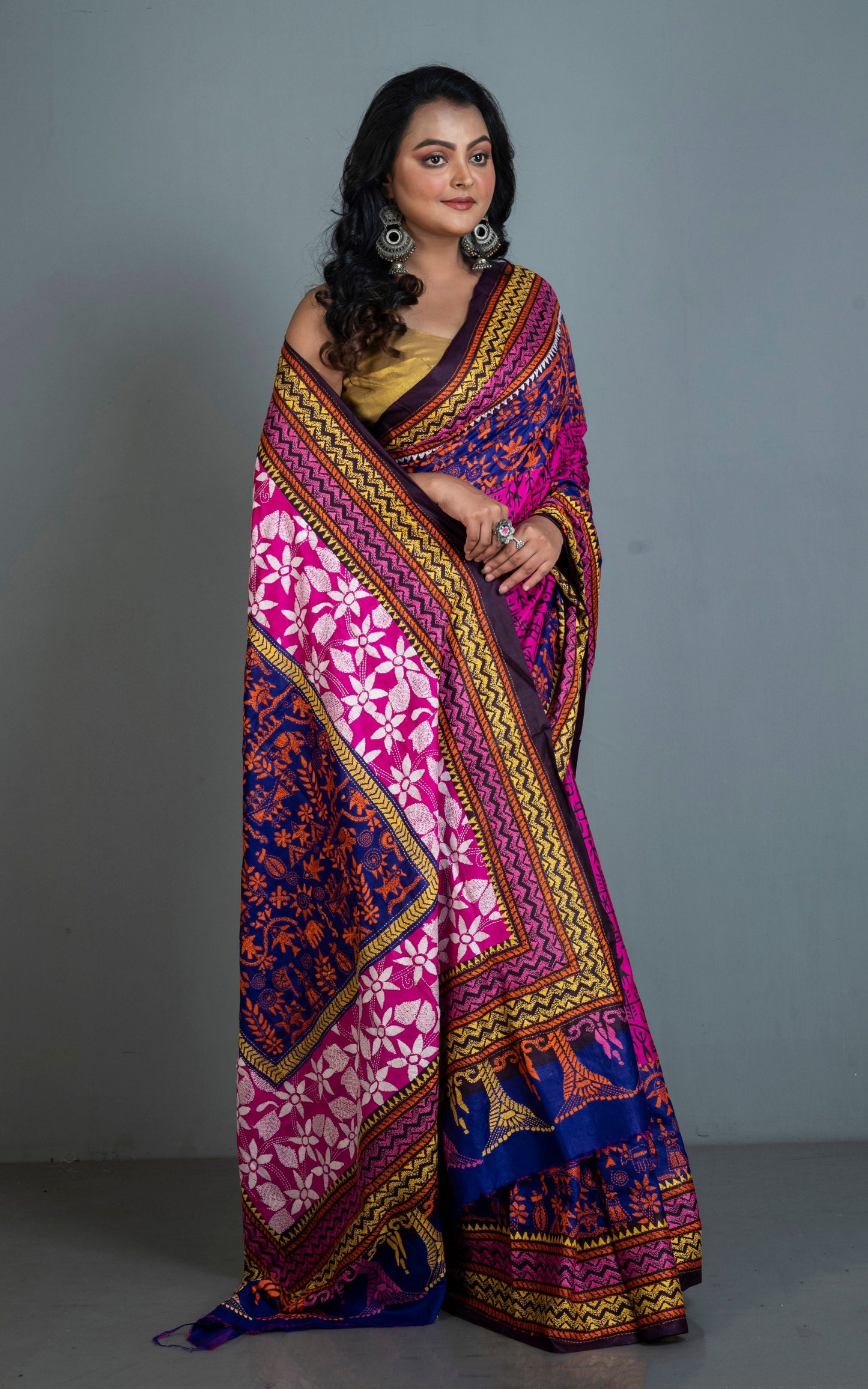 Tie-Dye Pure Silk Hand Embroidery Kantha Stitch Saree in Hot Pink, Royal Blue and Multicolored Thread Work