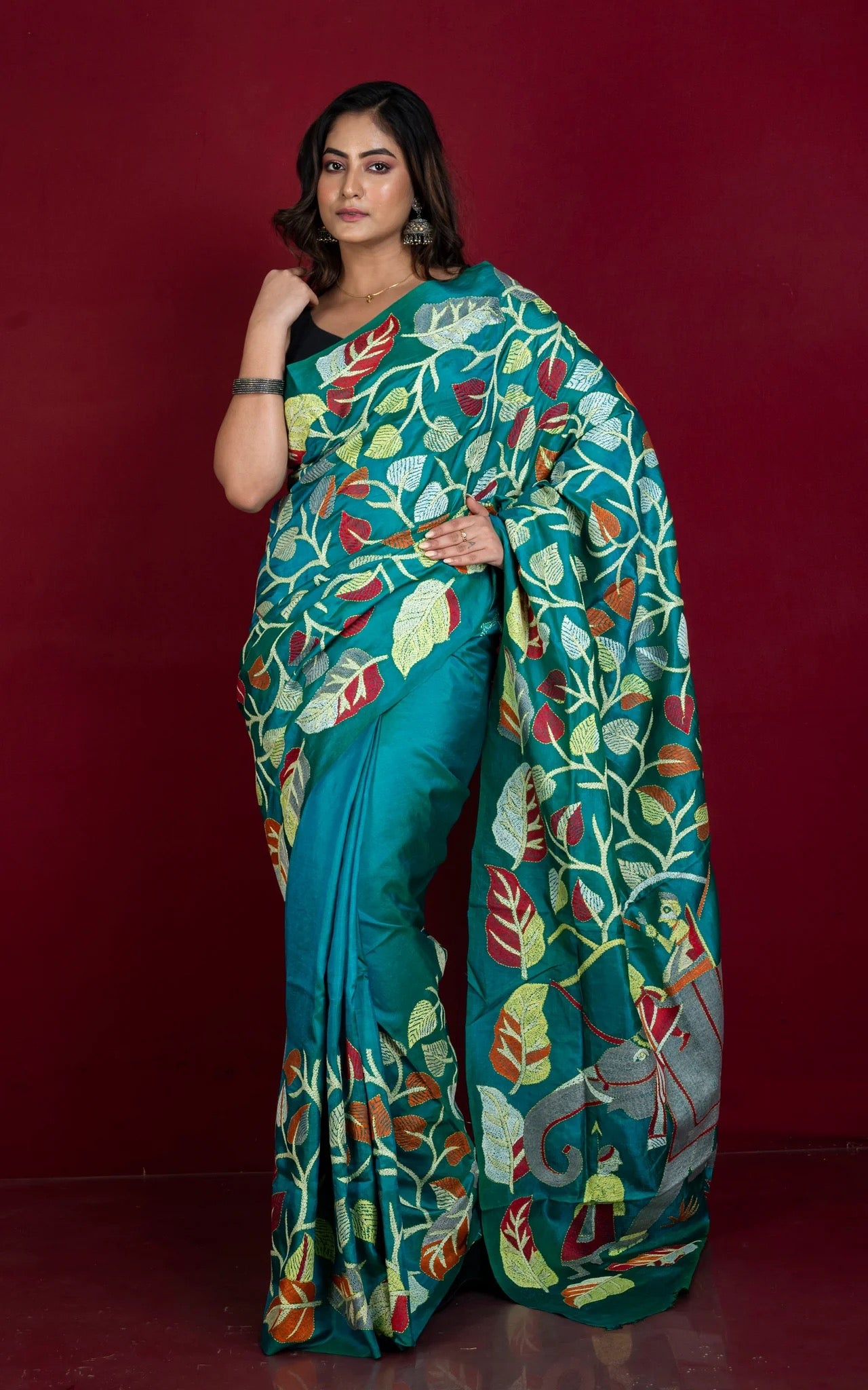 Hand Embroidery Kantha Stitch Work Pure Silk Saree in Rama Green.